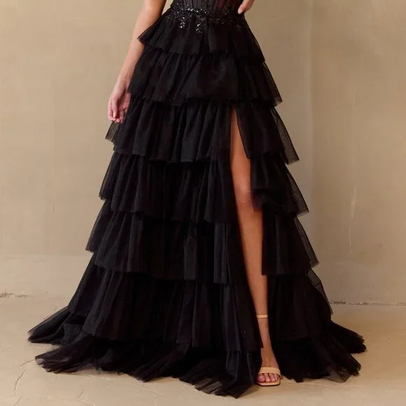 New Strapless Long Ruffled Prom Dress w/ Sheer Embroidered Boned Bodice AC 9053 - Picture 9 of 9